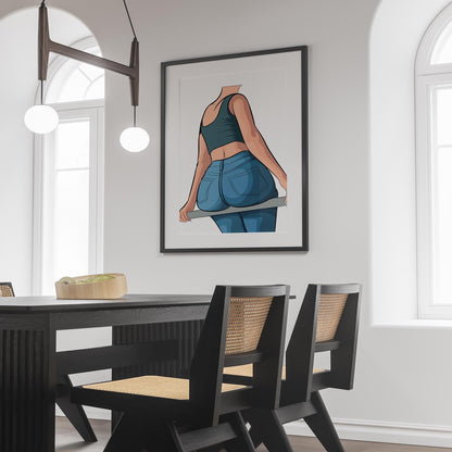 Framed art of figure in blue denim jeans and black tank top, showcasing Baked Art - Jeans Denim Model 72.