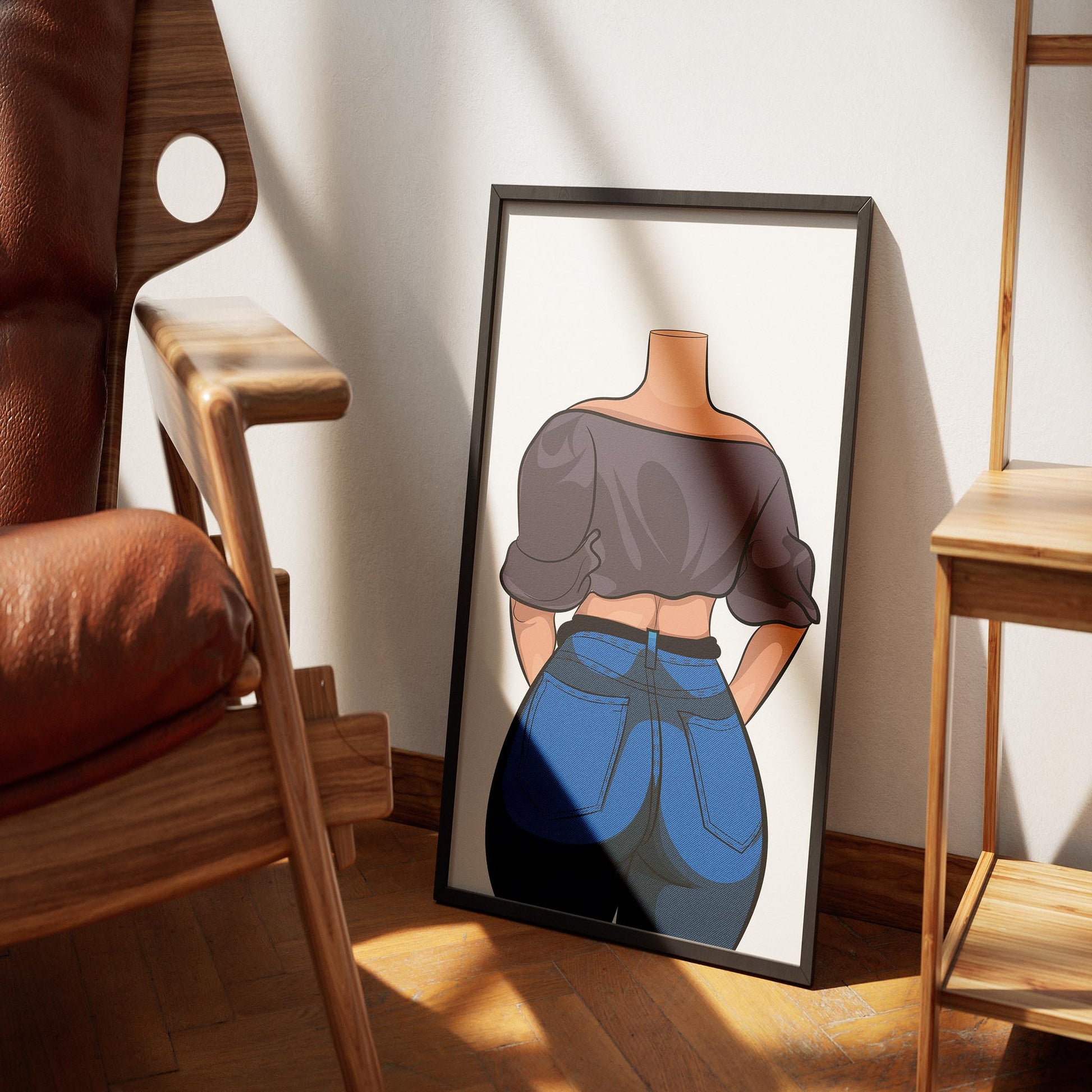 Baked Art - Jeans Denim Model 76 illustrated in a framed art piece, featuring a character in a loose off-shoulder top and fitted denim jeans.