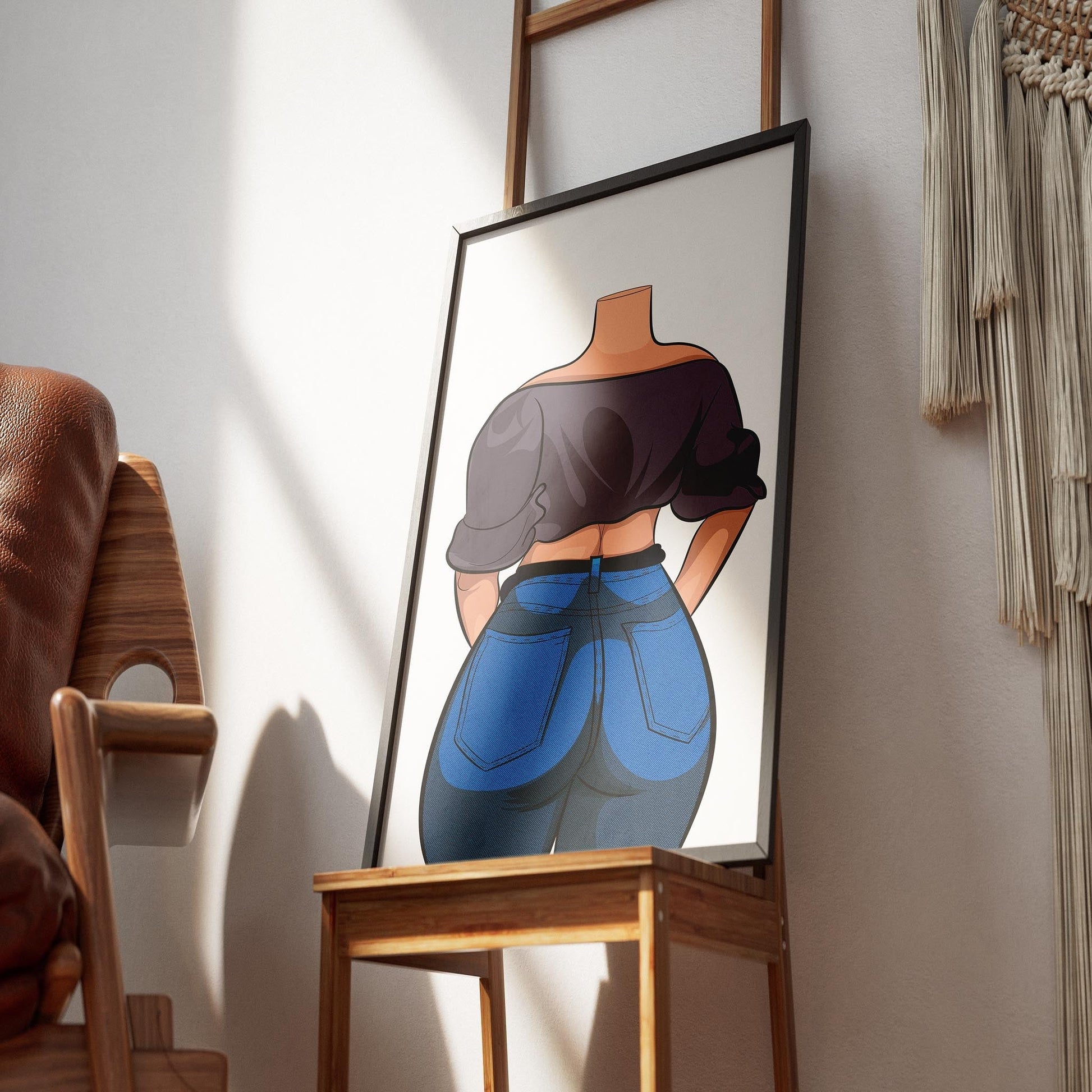 Artwork featuring character in fitted Baked Art Jeans Denim Model 76 and loose off-shoulder top.