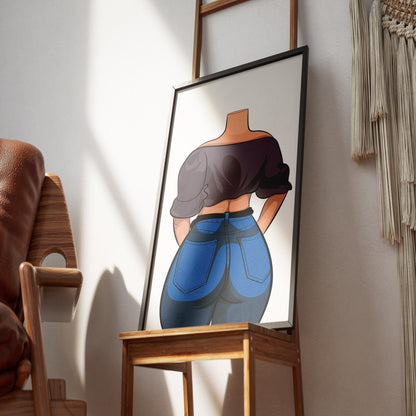 Artwork featuring character in fitted Baked Art Jeans Denim Model 76 and loose off-shoulder top.