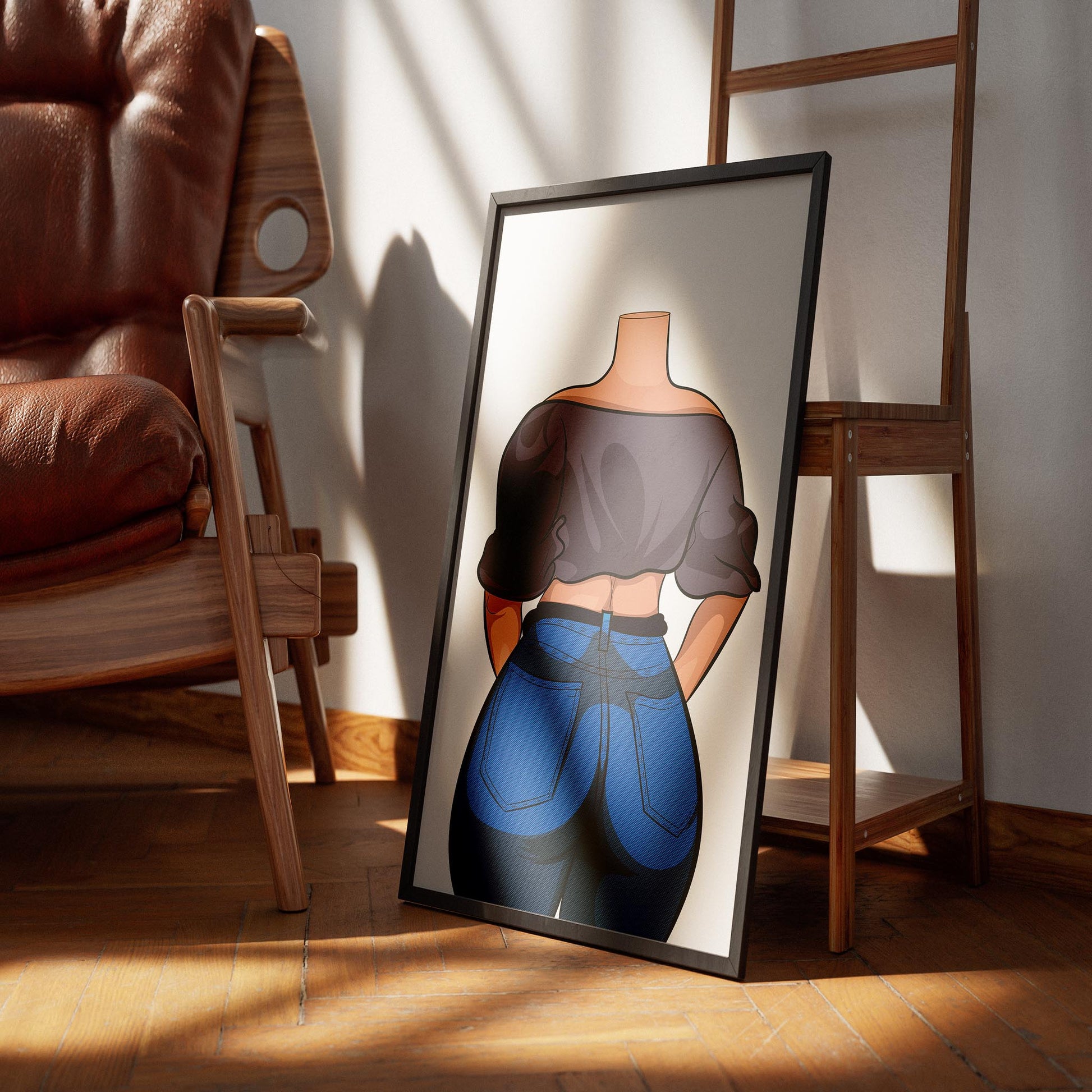 Framed artwork of a person in fitted Baked Art jeans and a loose, off-shoulder top.