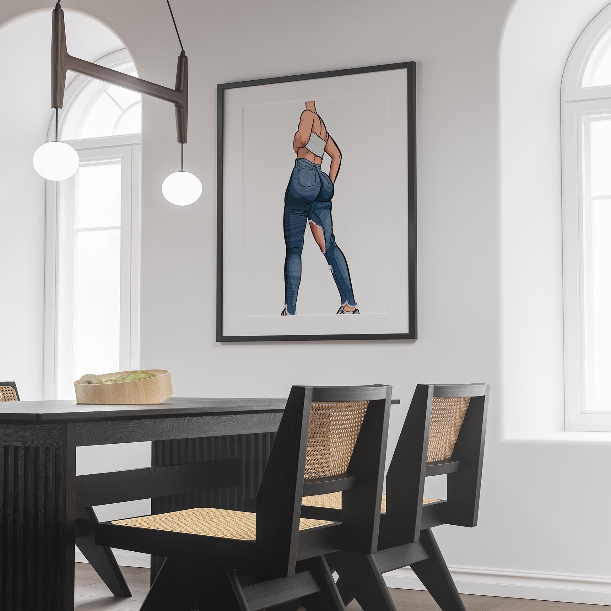 Wall art featuring a character wearing "Baked Art - Jeans Denim Model 77," showcasing ripped, high-waisted denim and a tube-like white top, displayed in a modern dining room.