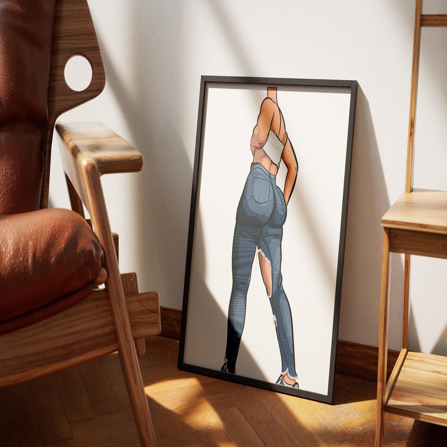 Artwork featuring character in Baked Art - Jeans Denim Model 77 with ripped high-waisted jeans and white tube top.