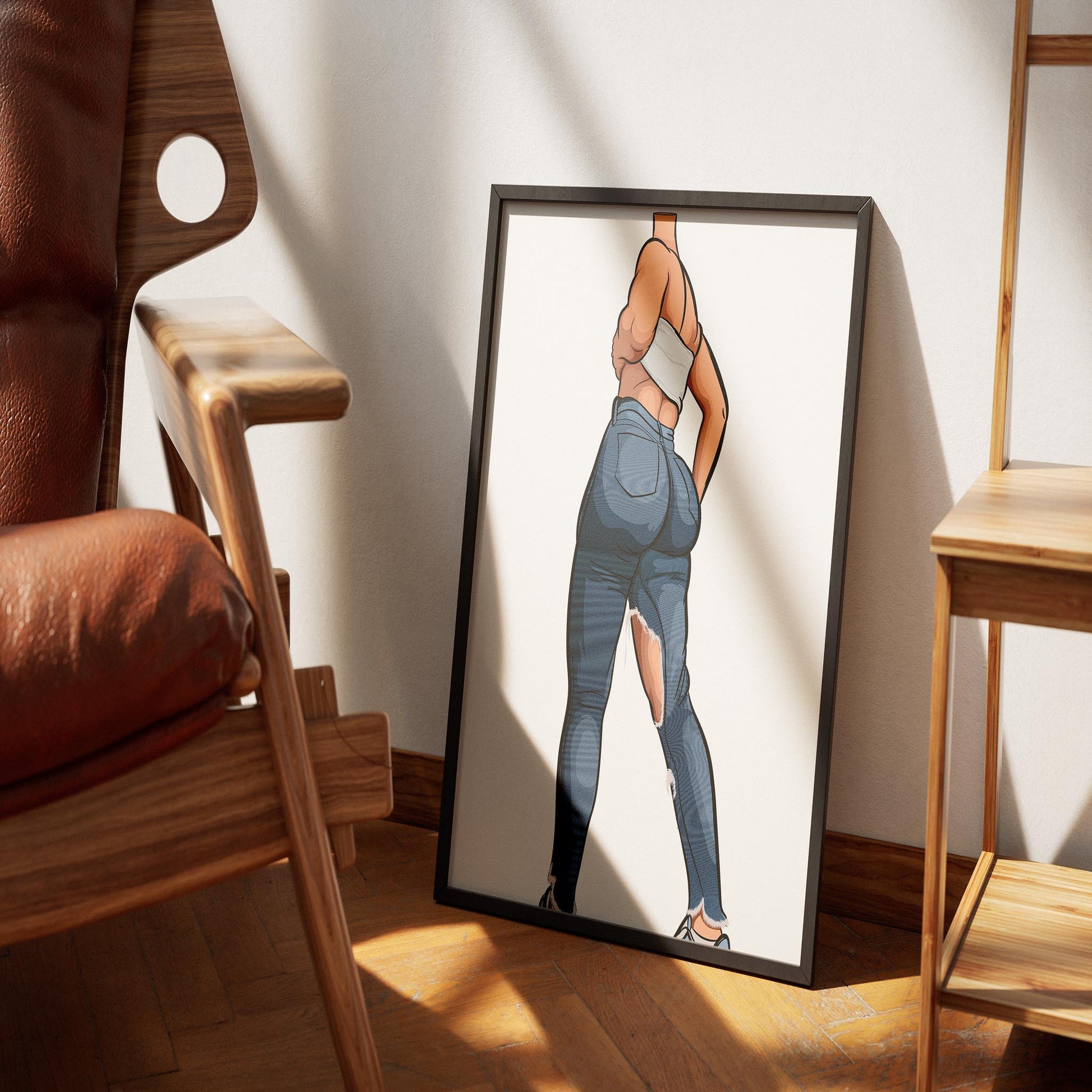 Artwork featuring character in Baked Art - Jeans Denim Model 77 with ripped high-waisted jeans and white tube top.