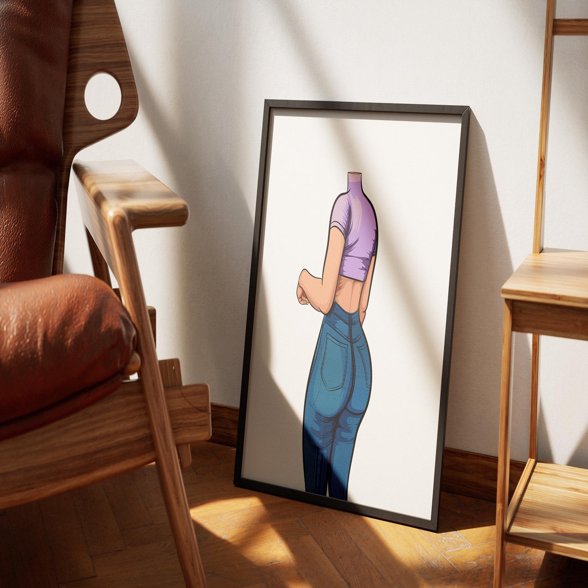 Framed artwork of high-waisted snug denim jeans with cropped purple top.