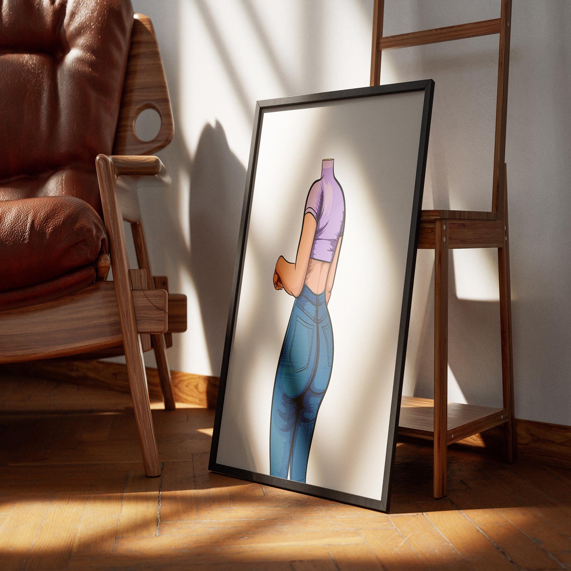 Baked Art Jeans Denim Model 78 featuring high-waisted snug denim and cropped purple top in art frame.
