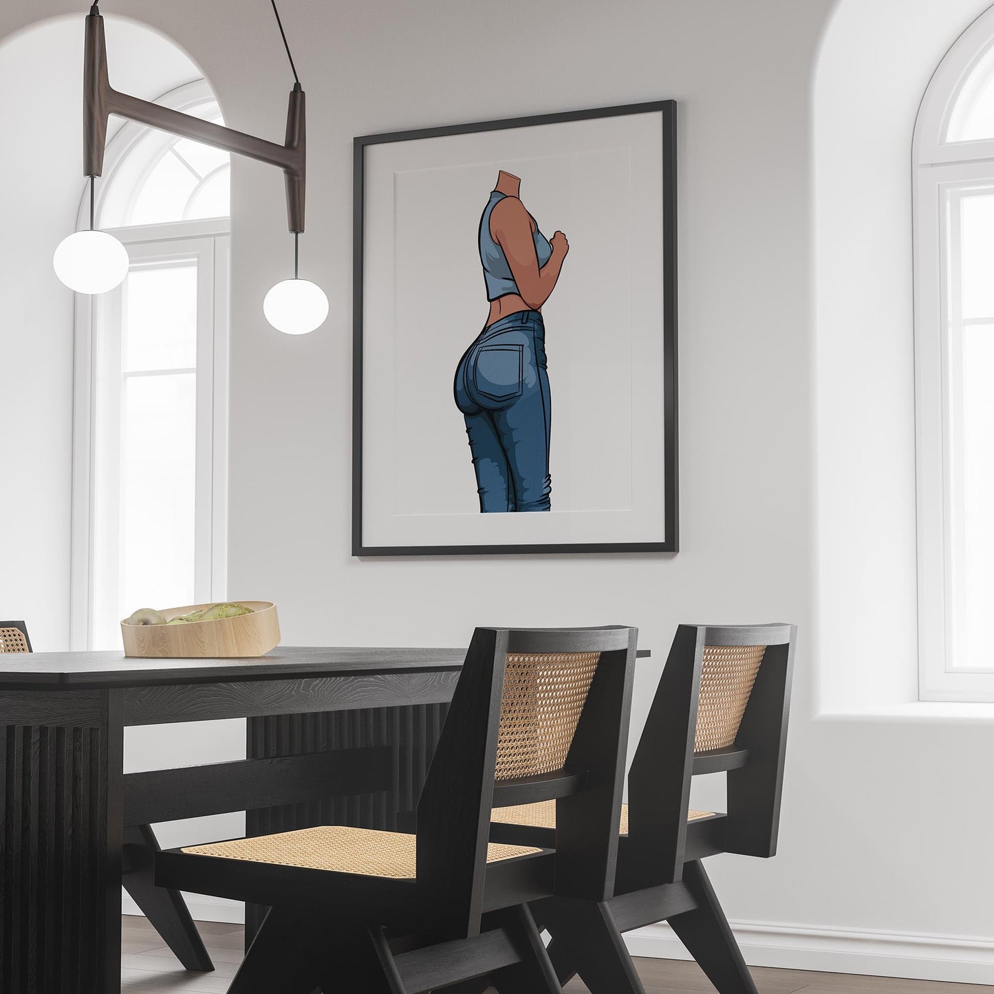 Framed pop art digital print of high-waisted jeans in modern dining room.