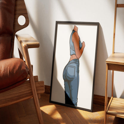 Modern pop art digital print of high-waisted denim fashion, showcasing sleek curves and chic style.