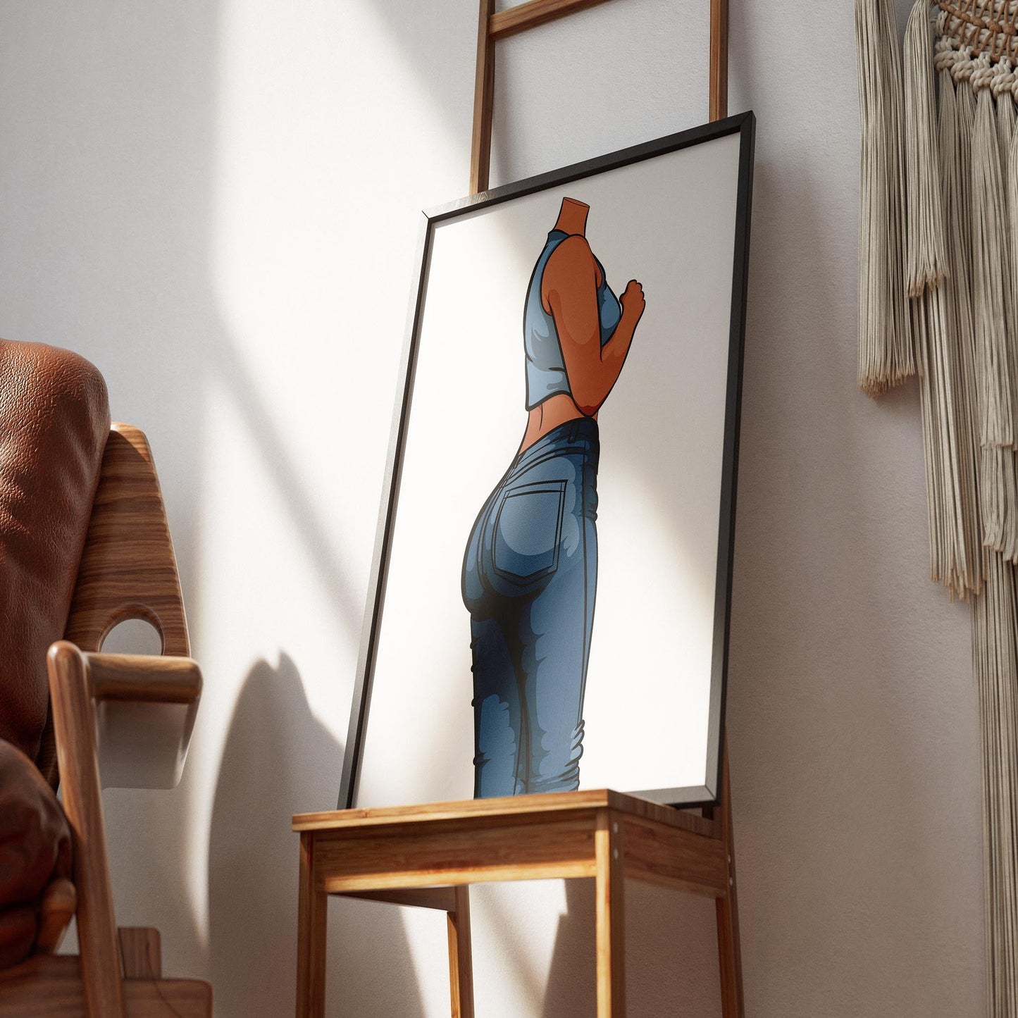 Modern digital art print of high-waisted denim, stylish contemporary wall decor.