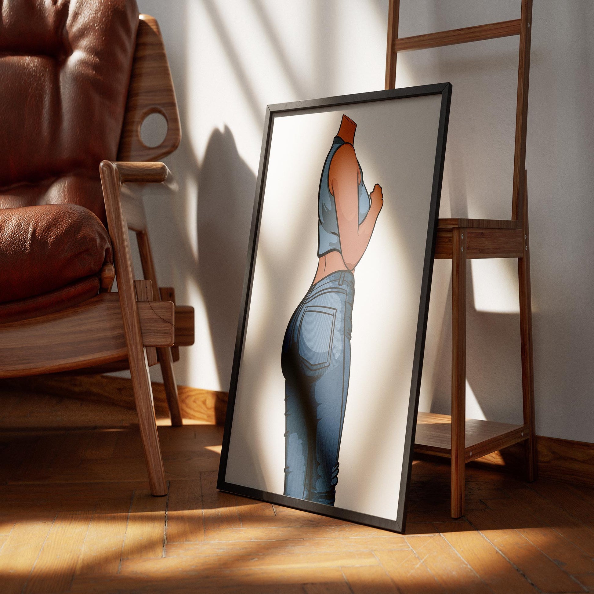 Framed modern pop art print featuring high-waisted denim jeans, showcasing sleek curves.