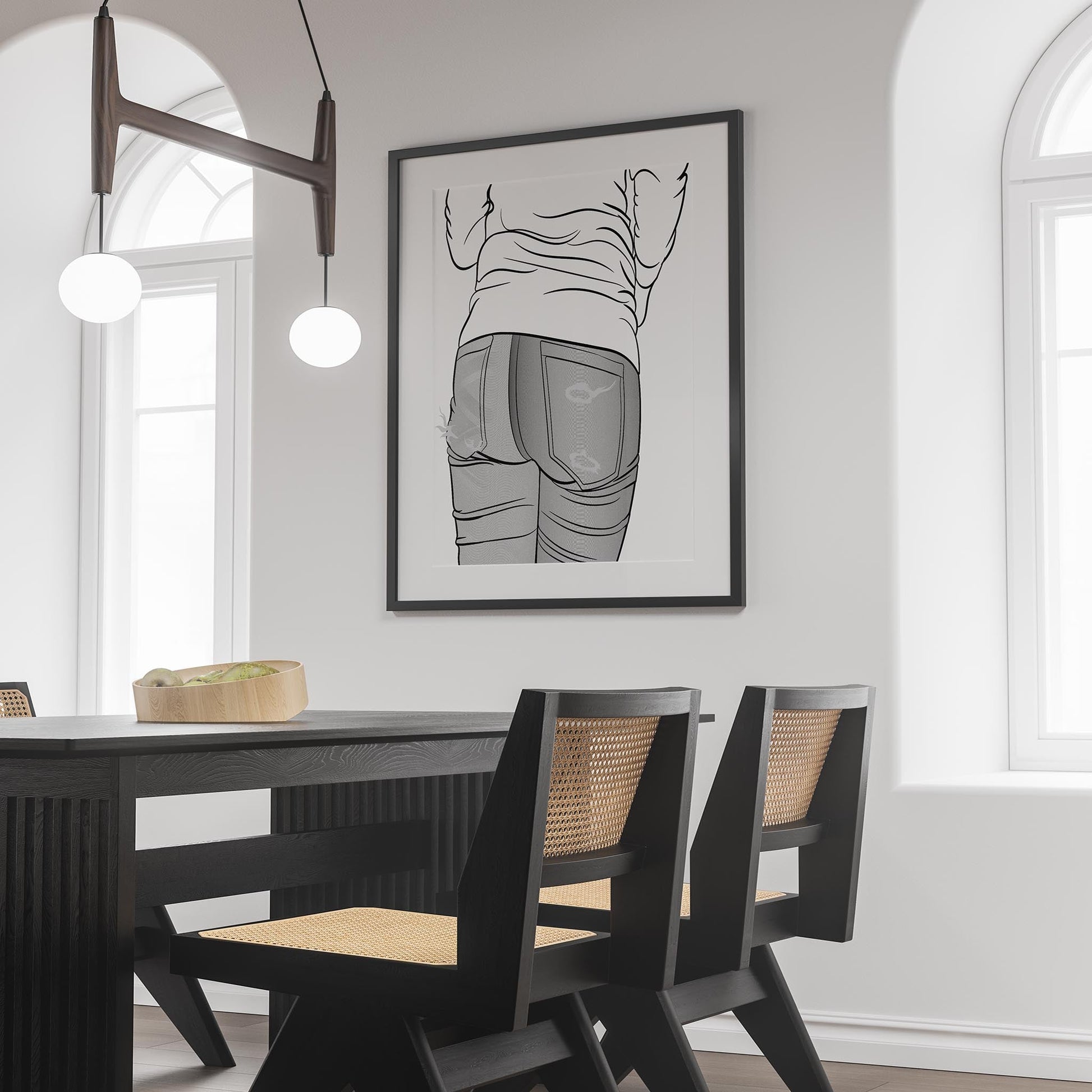 Framed digital line art of distressed denim jeans in modern room decor setting.