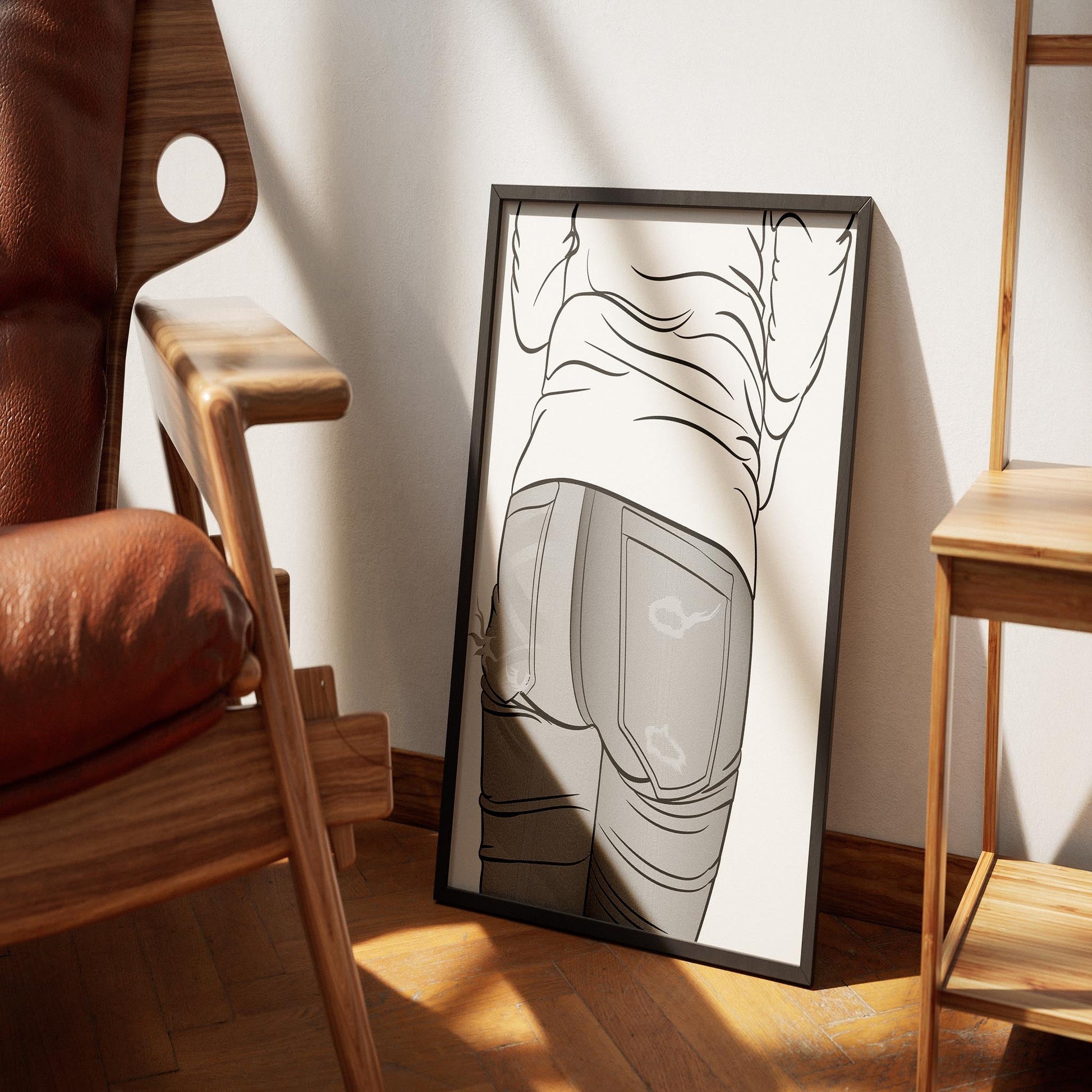 Framed digital artwork of distressed jeans design in line art style titled "Jeans Denim - Line Model Art 13" placed on a wooden floor.