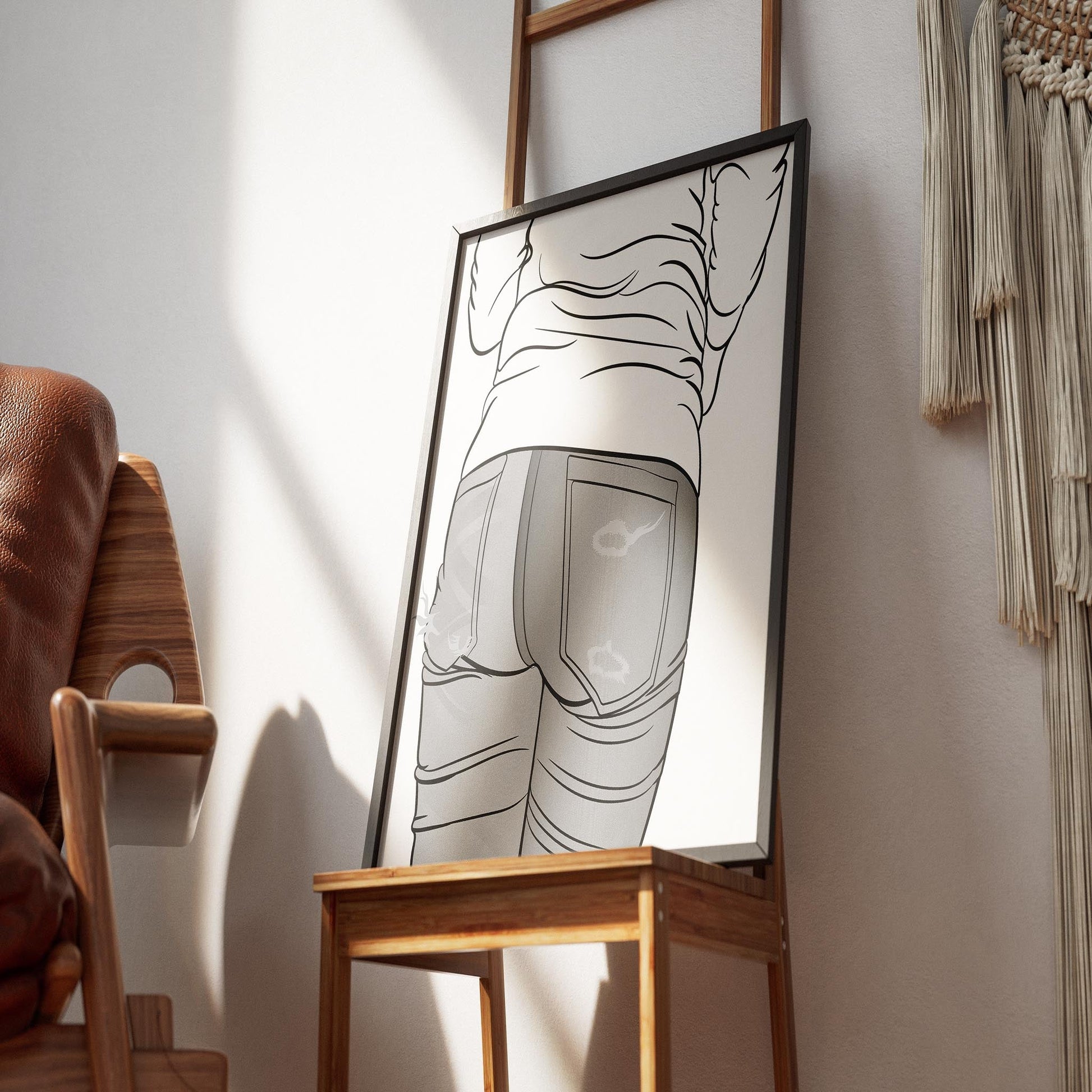 Jeans Denim Model 13 line art framed on wooden easel, showcasing trendy digitalized design with distressed style.