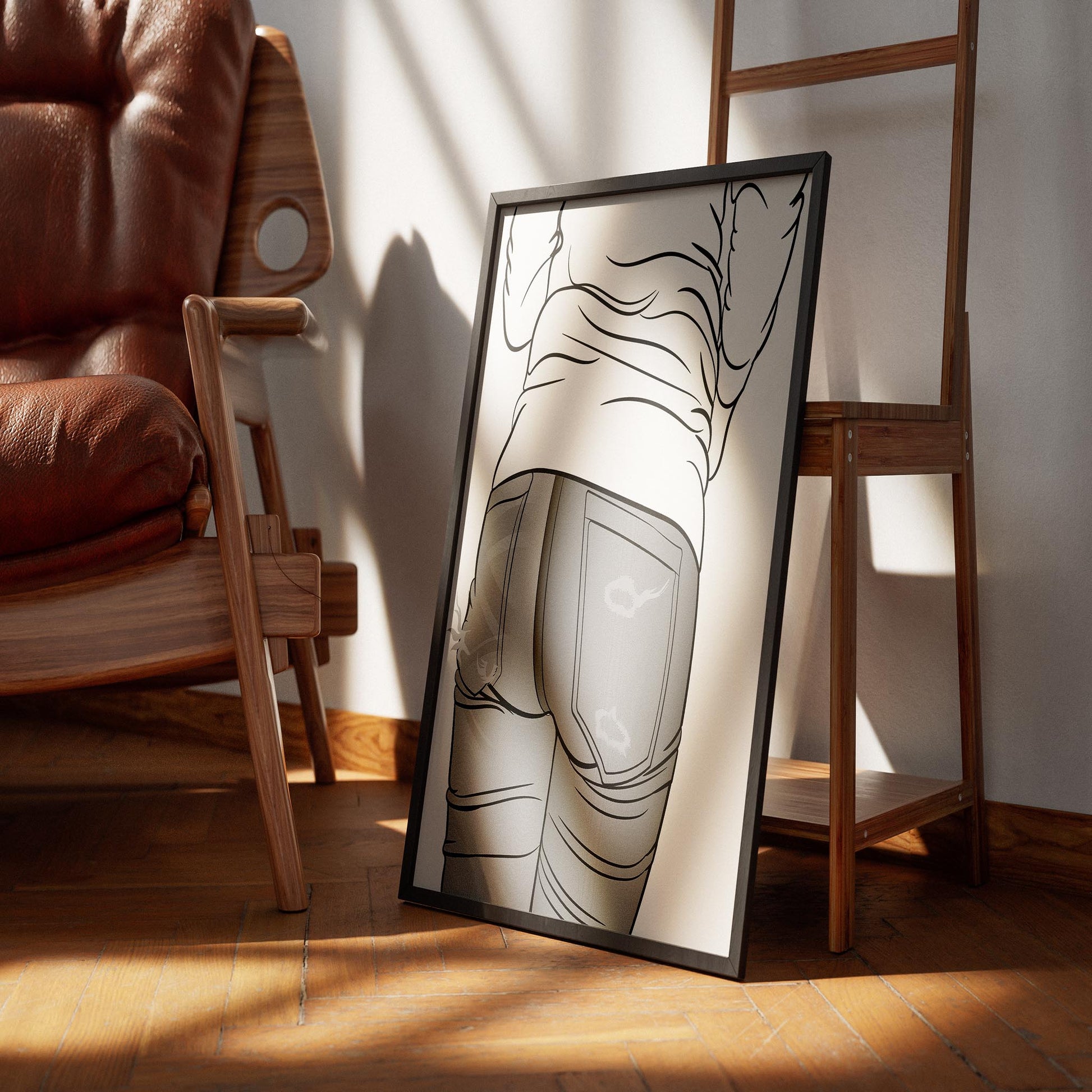 Digital denim line art of distressed jeans, featuring detailed shading and textured design, framed and leaning against a chair.