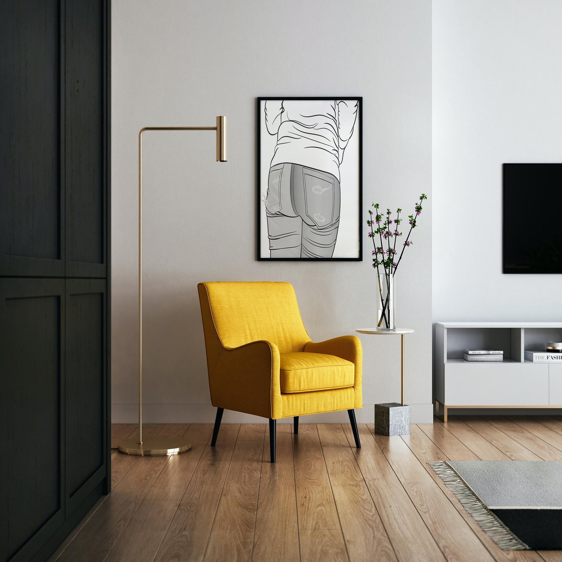 Yellow armchair and modern decor featuring framed line art of distressed jeans, "Jeans Denim - Line Model Art 13".