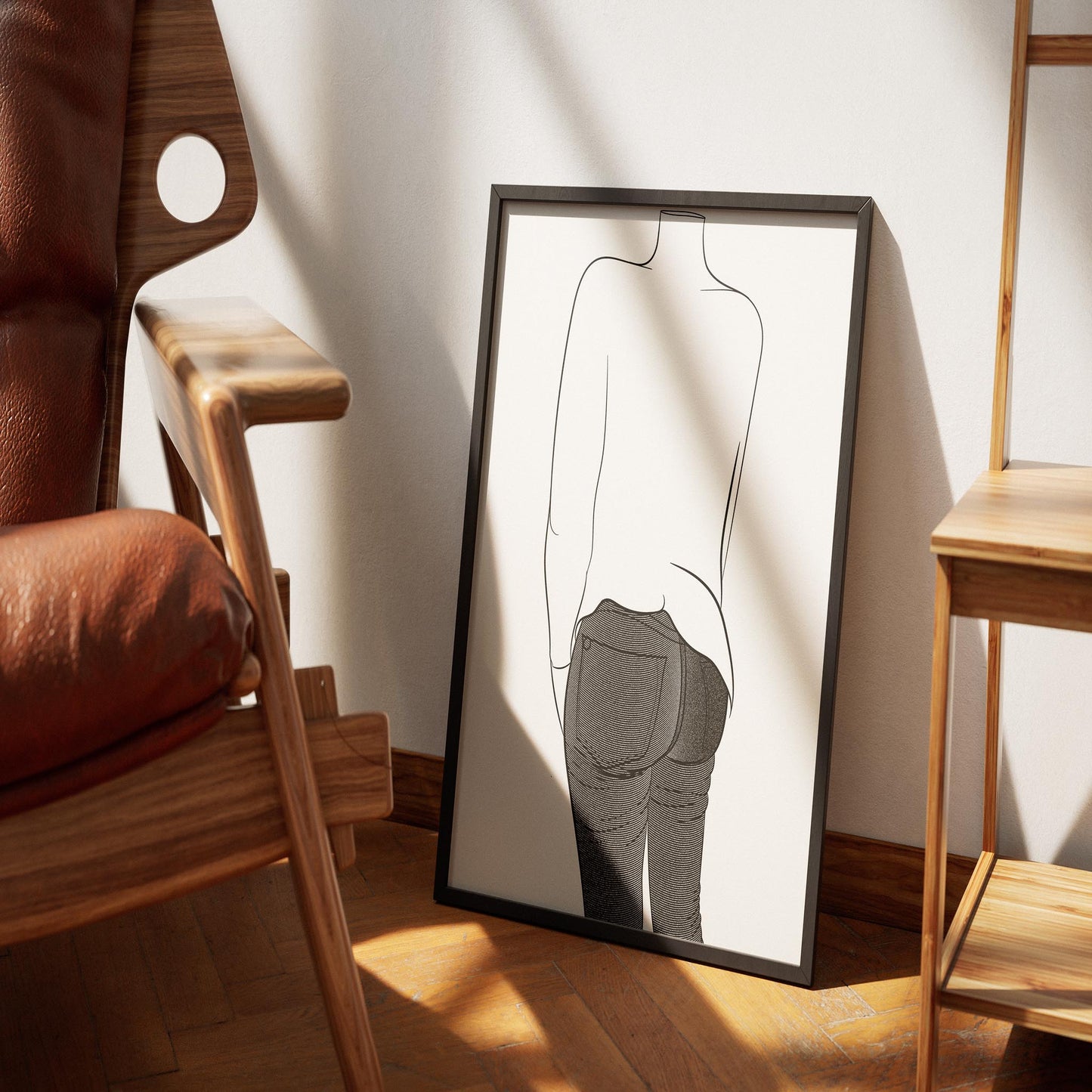 Framed line art illustration of Jeans Denim Model 20 on wooden floor.