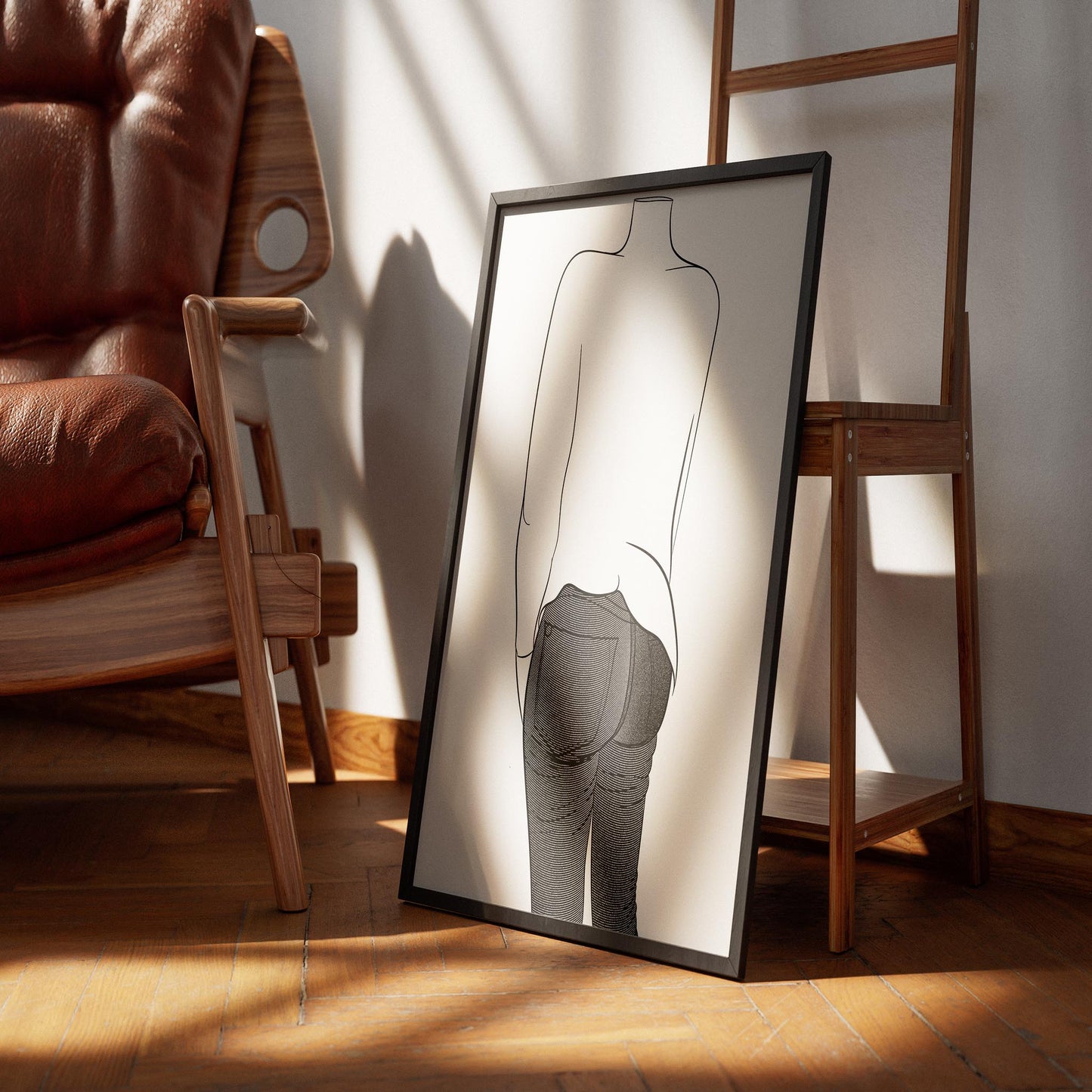 Line art of a figure wearing jeans and a turtleneck, showcasing "Jeans Denim - Line Model Art 20" in a stylish setting.