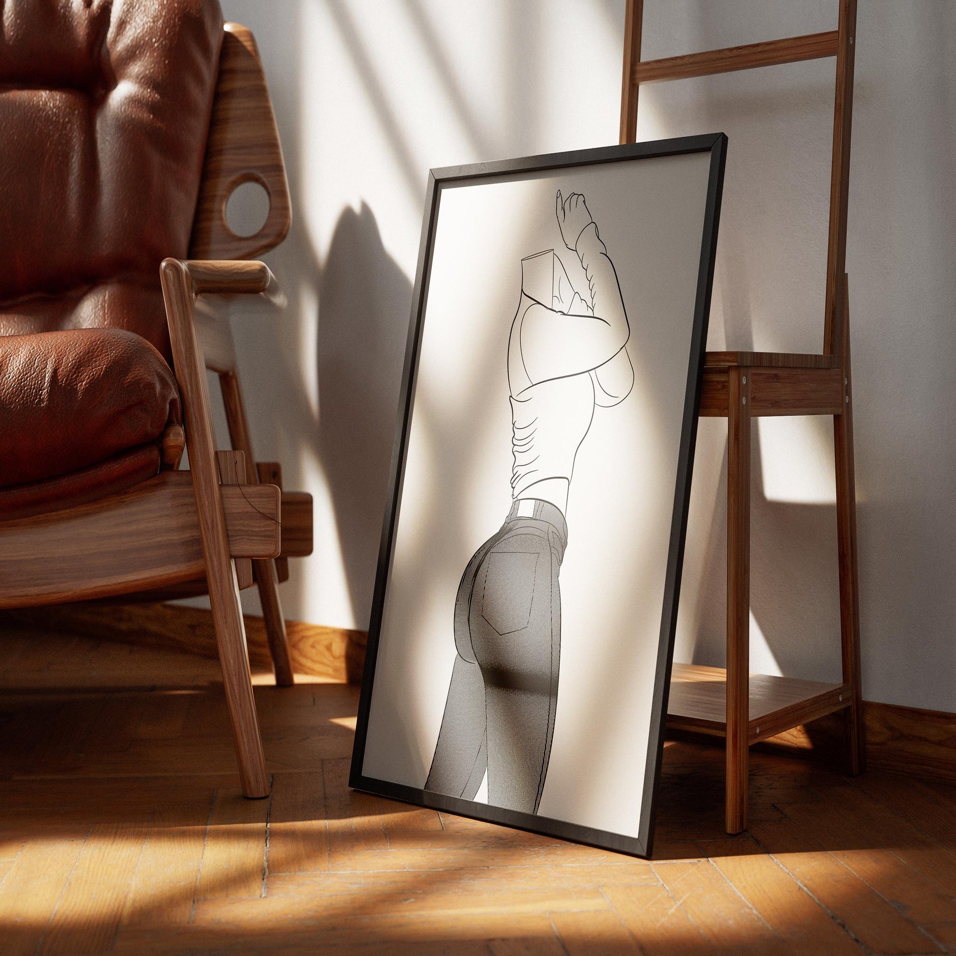 Framed line art illustration of Jeans Denim Model 24, showcasing stylish denim fashion with detailed texturing and dynamic pose.