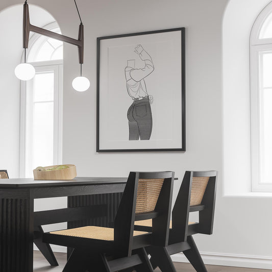 Wall art featuring line drawing of a character in jeans, highlighting the fabric's texture and flexibility, titled "Jeans Denim - Line Model Art 27".