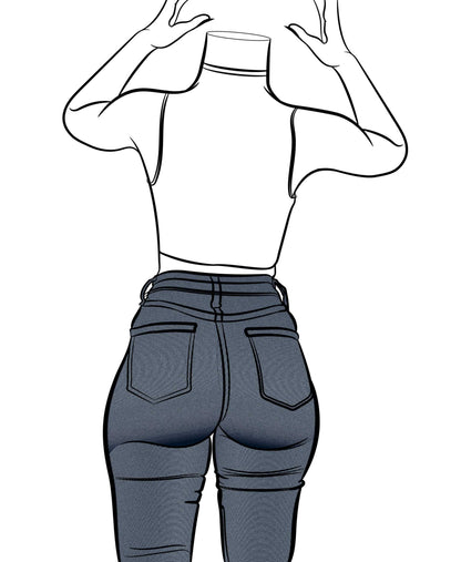 Line art illustration of a figure wearing high-waisted denim jeans, showcasing bold lines and vibrant blue tones.