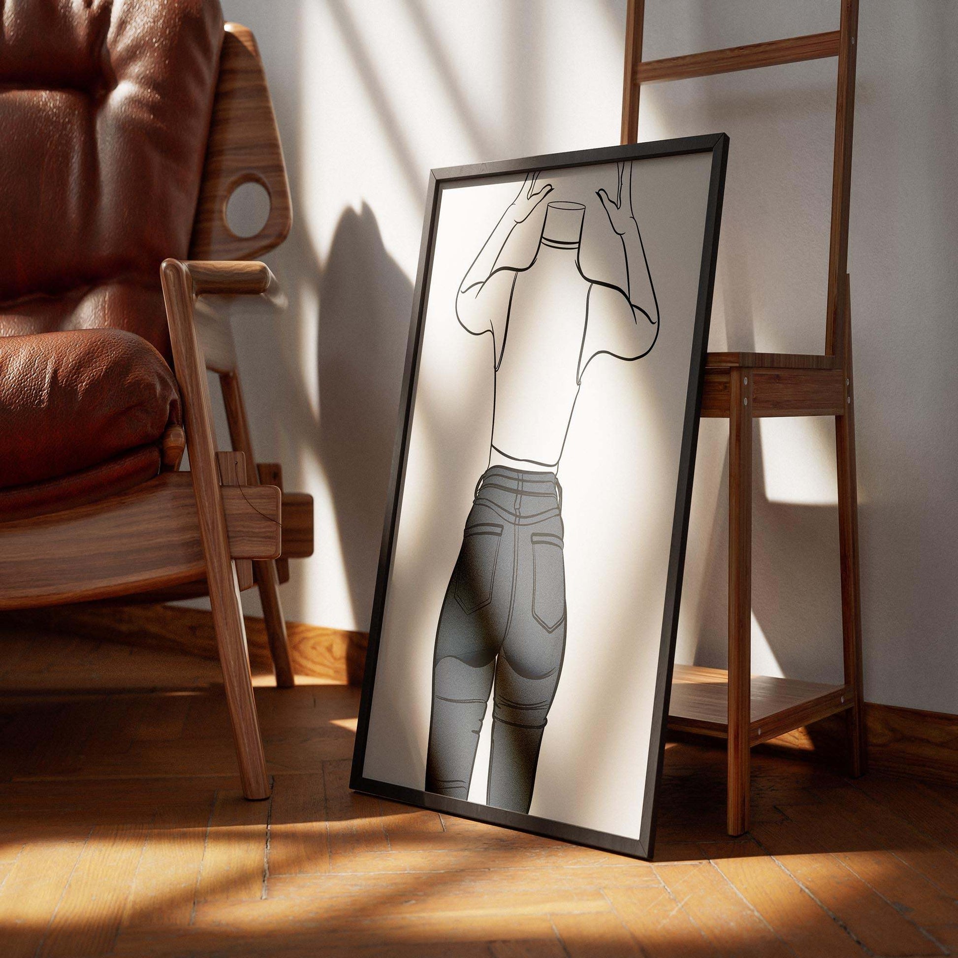 Digital artwork of figure in high-waisted denim jeans, framed on the floor, showcasing bold lines and vibrant blue tones.