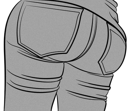 Line art illustration of high-waisted denim jeans with bold contours and shading.