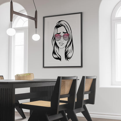 Digital line art of a character with bold pink hair, framed on a modern wall.