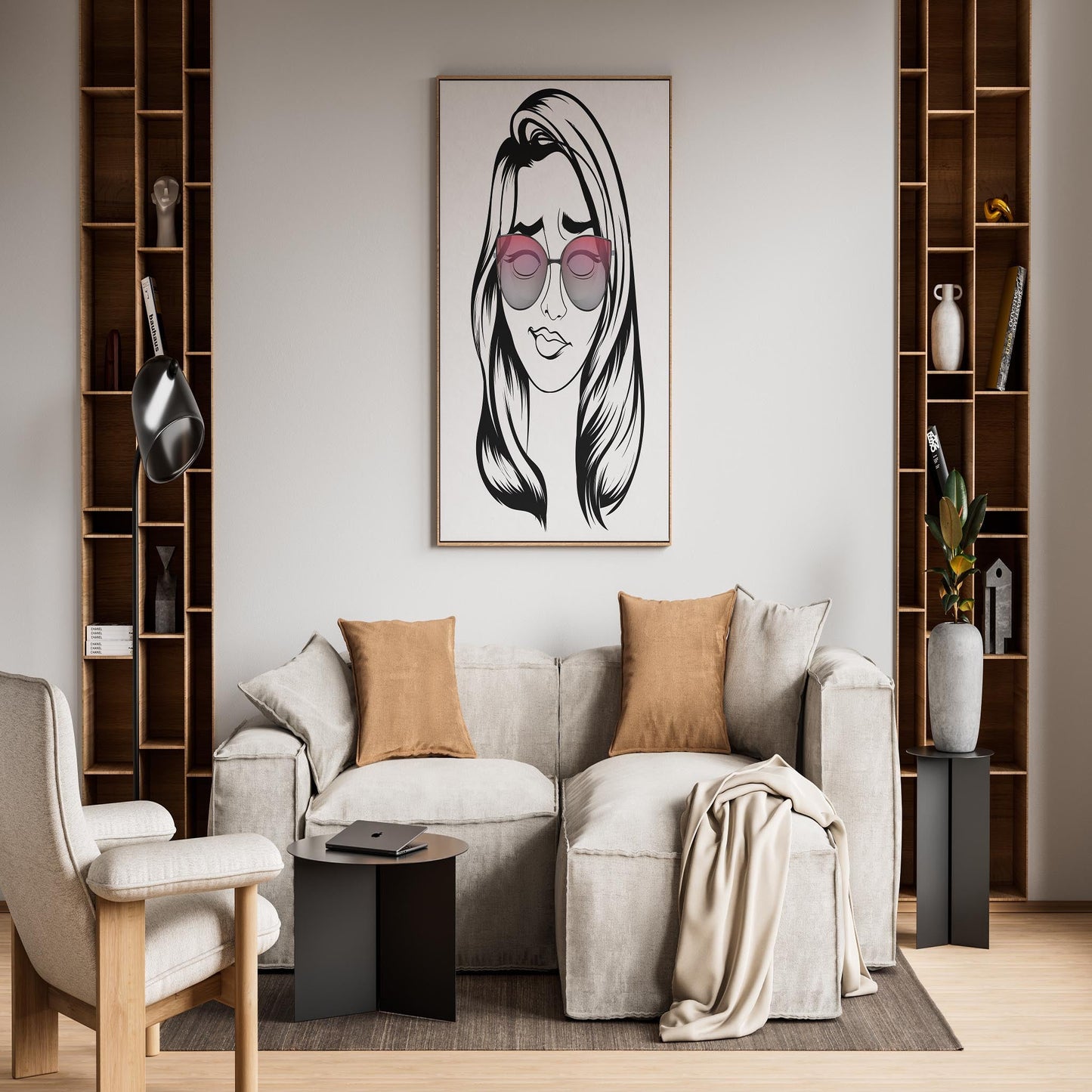 Digital line art of a bold pink-haired character with exaggerated expression, featured in modern living room decor.