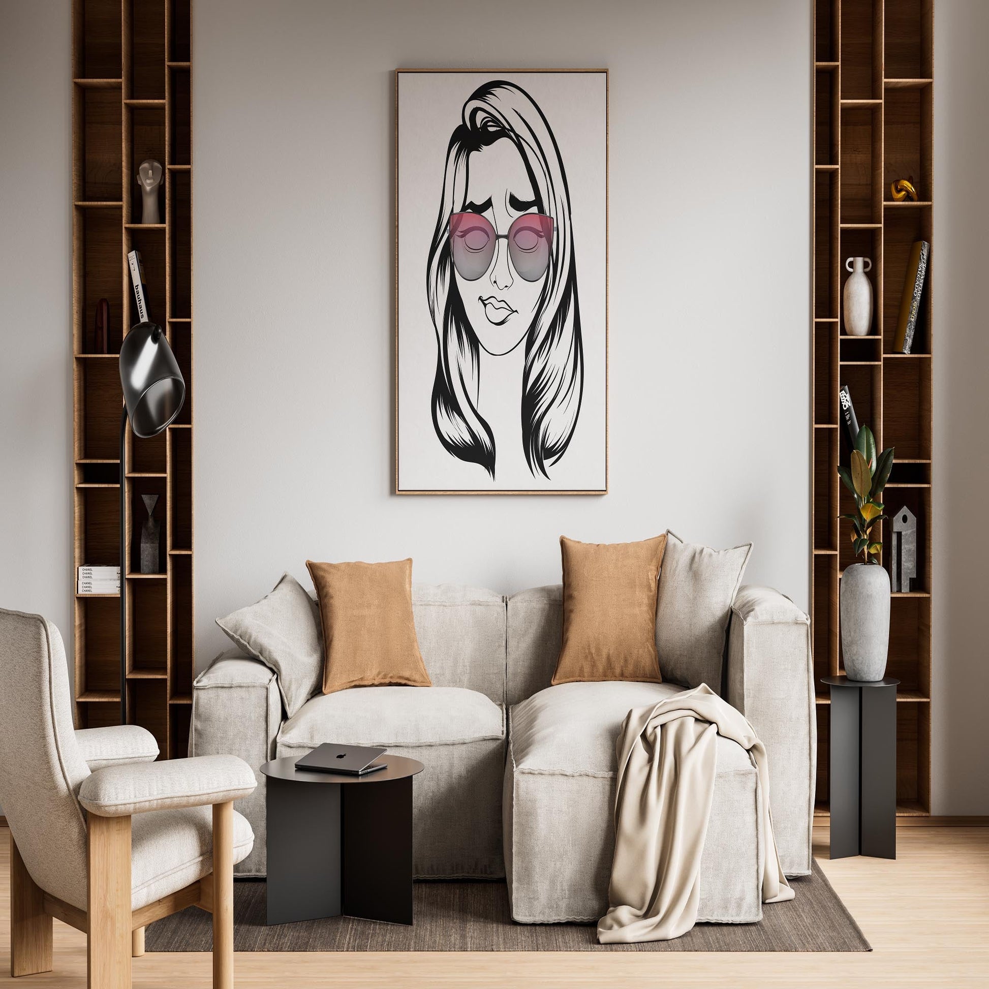 Digital line art of a bold pink-haired character with exaggerated expression, featured in modern living room decor.