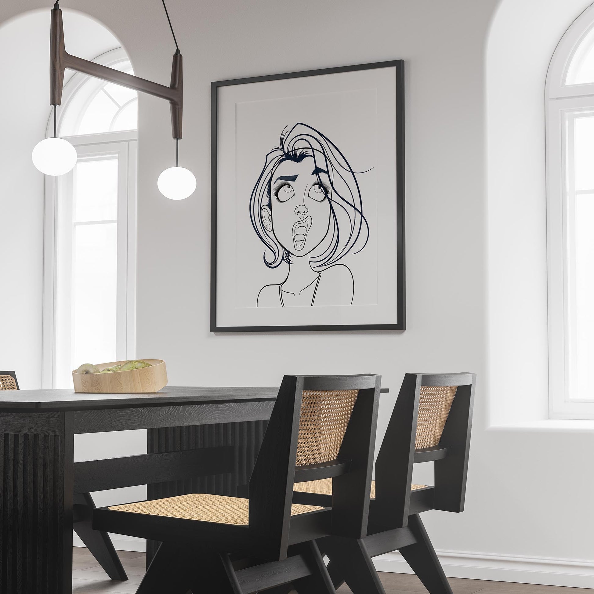 Line Art - Character & Human Faces Model 1 framed artwork in modern dining room.