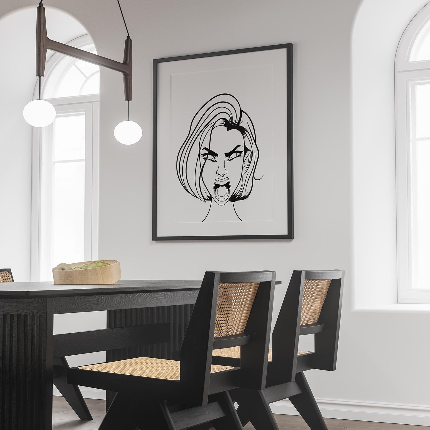 Line art portrait of a bold character with striking expression, displayed in a modern dining room setting.