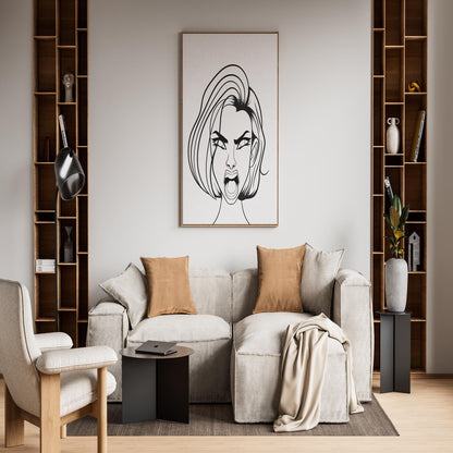 Line art illustration of a bold character with fierce expression, displayed in a modern living room setting.