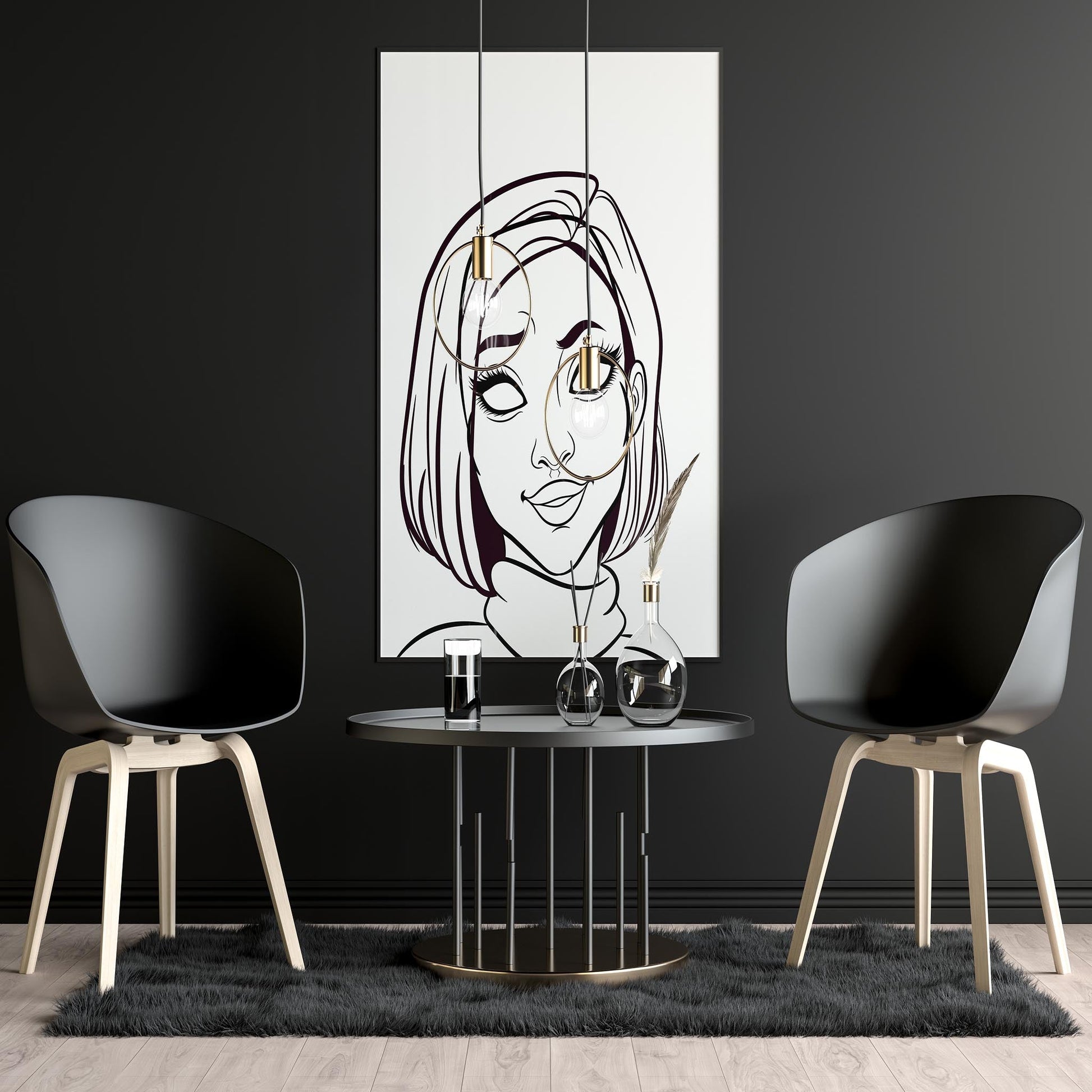 Line Art - Character & Human Faces Model 3 digital artwork displayed in a modern room setting.