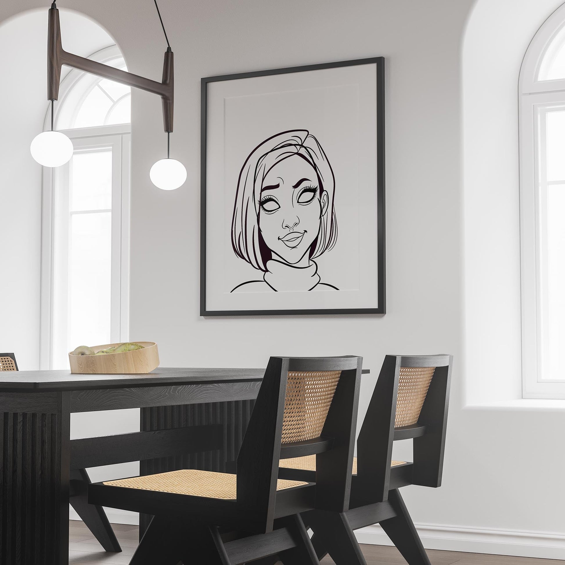 Digital line art of expressive character with vibrant hairstyle in elegant room setting.