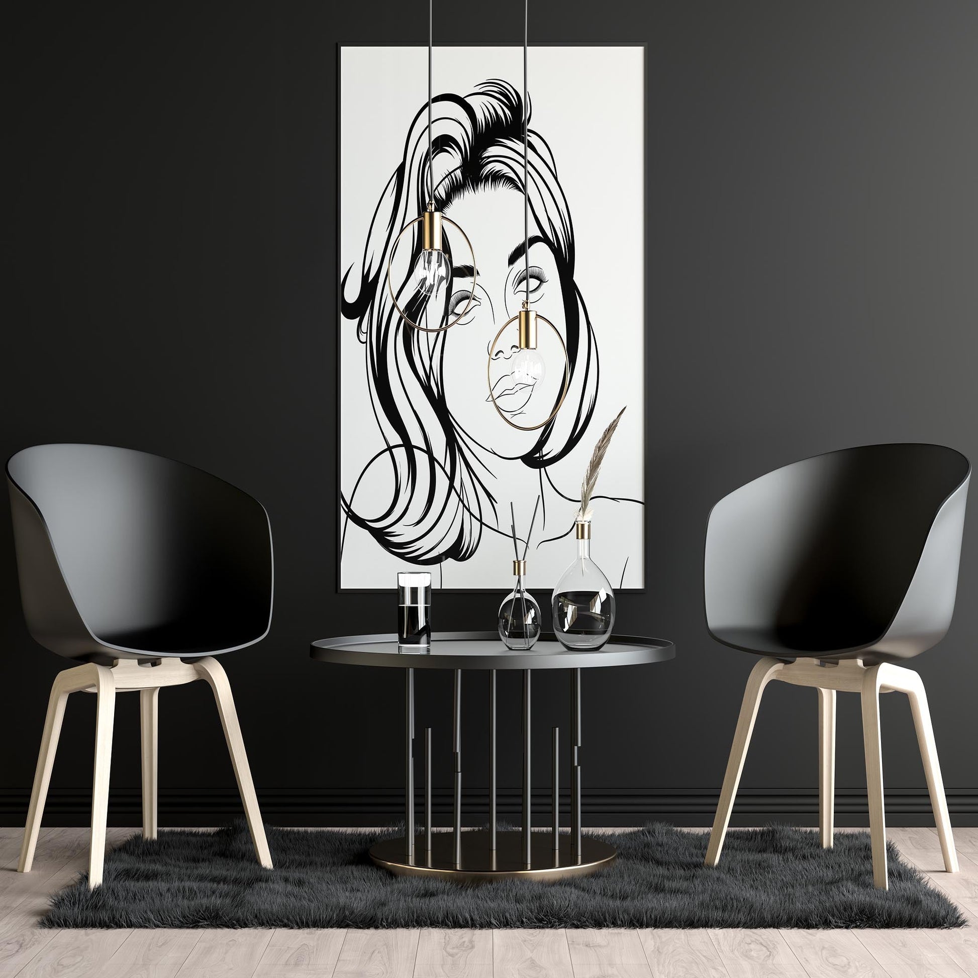 Digital line art of a woman's face with red hair, displayed in a modern interior setting.