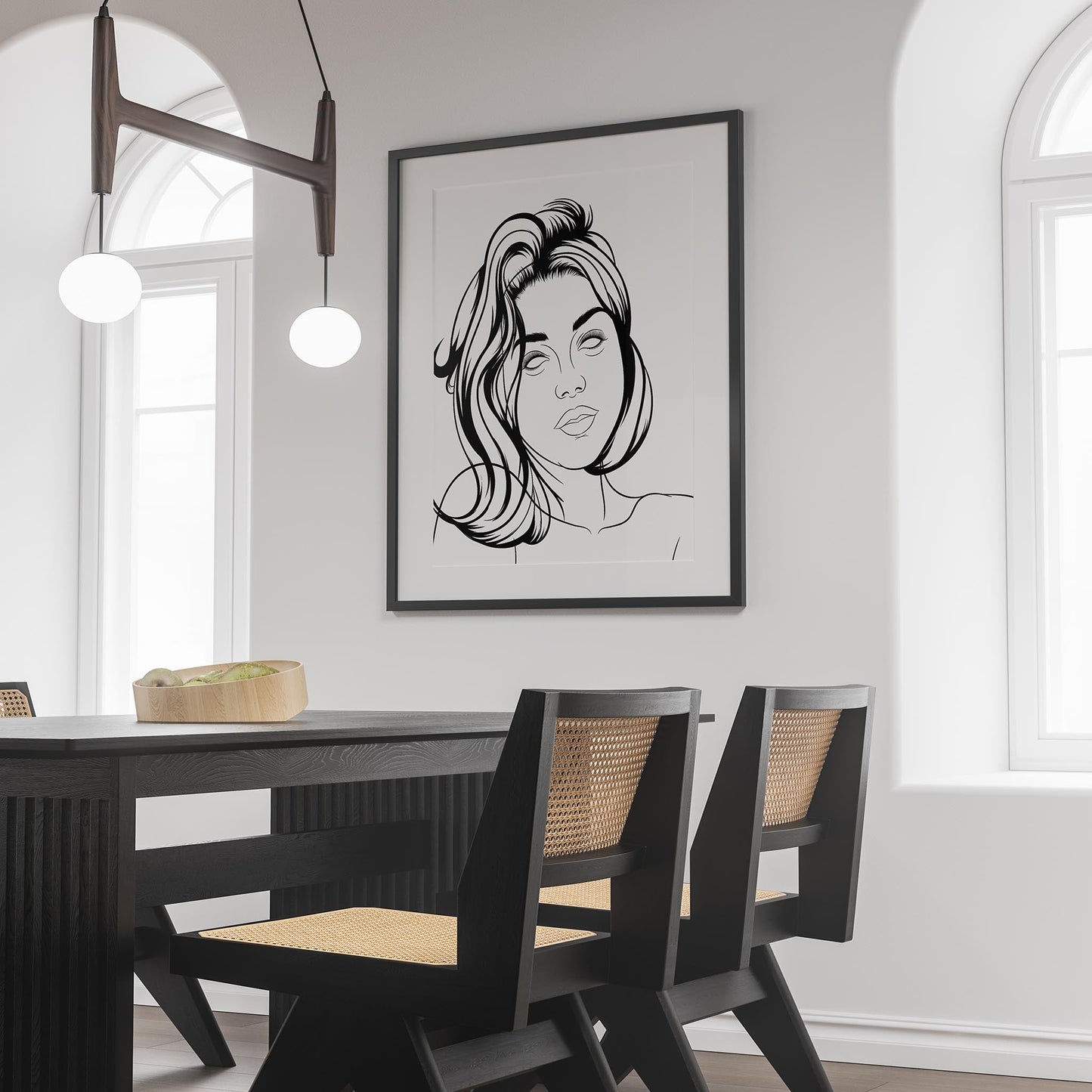 Line art portrait of a red-haired beauty, displayed in a modern dining room setting.