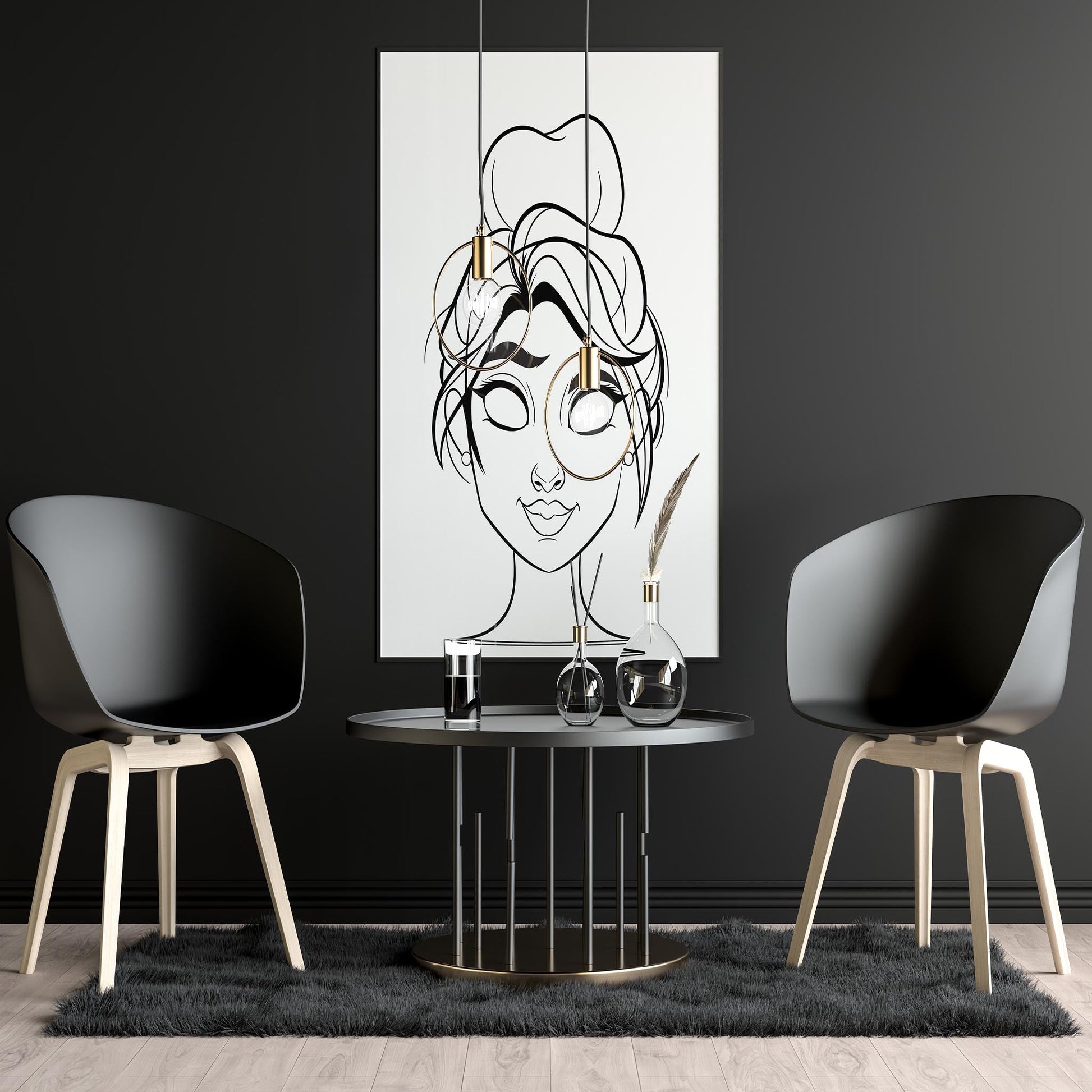 Digital line art portrait on wall, featuring elegant dark-haired character in modern interior setting.