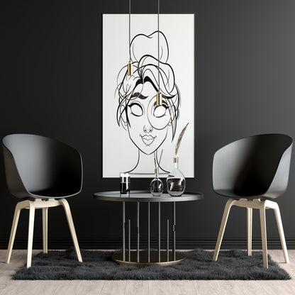 Digital line art portrait on wall, featuring elegant dark-haired character in modern interior setting.