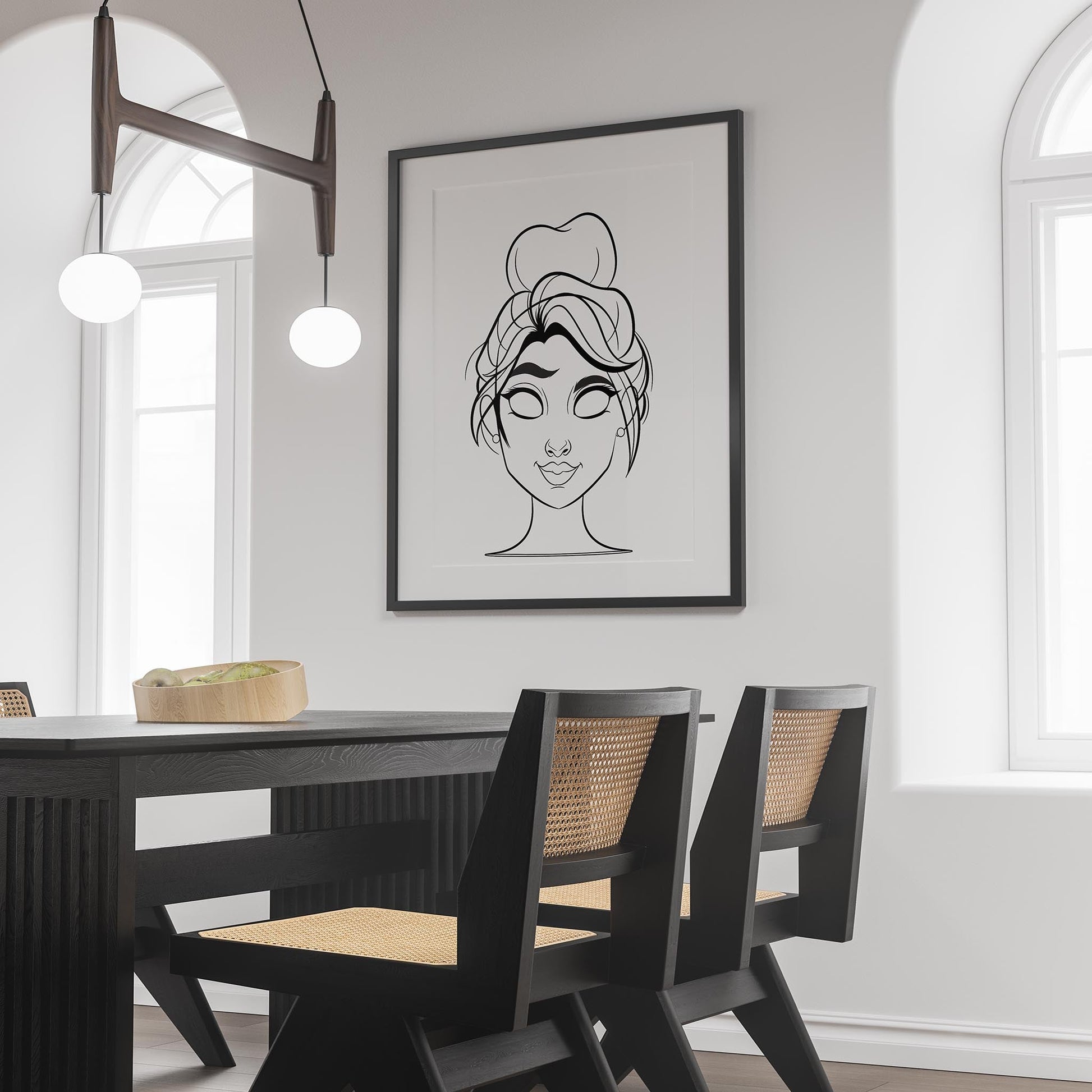 Digital line art portrait of elegant dark-haired character, in minimalist dining room setting.