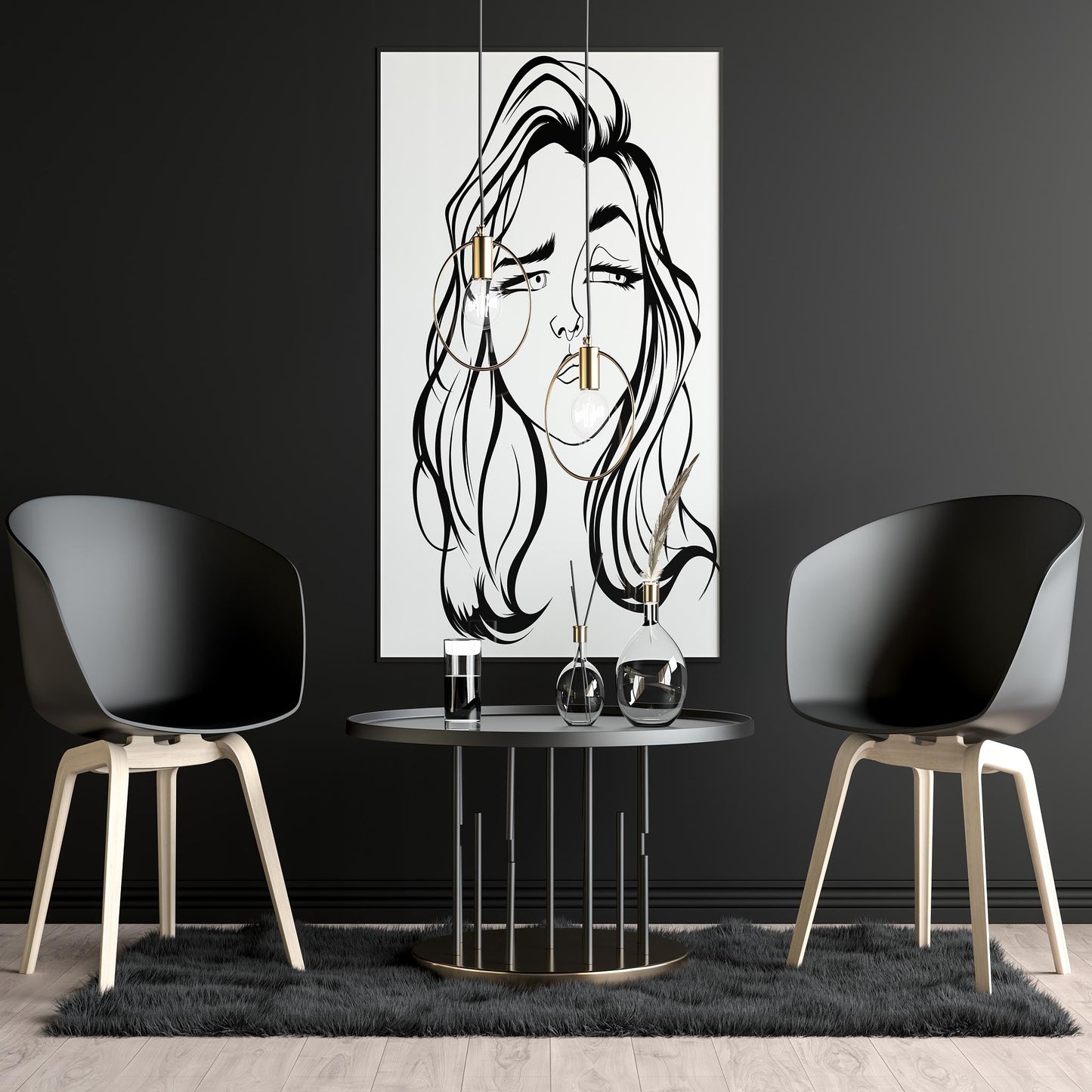 Line art of human face model 6 on stylish wall, black chairs, and modern decor.