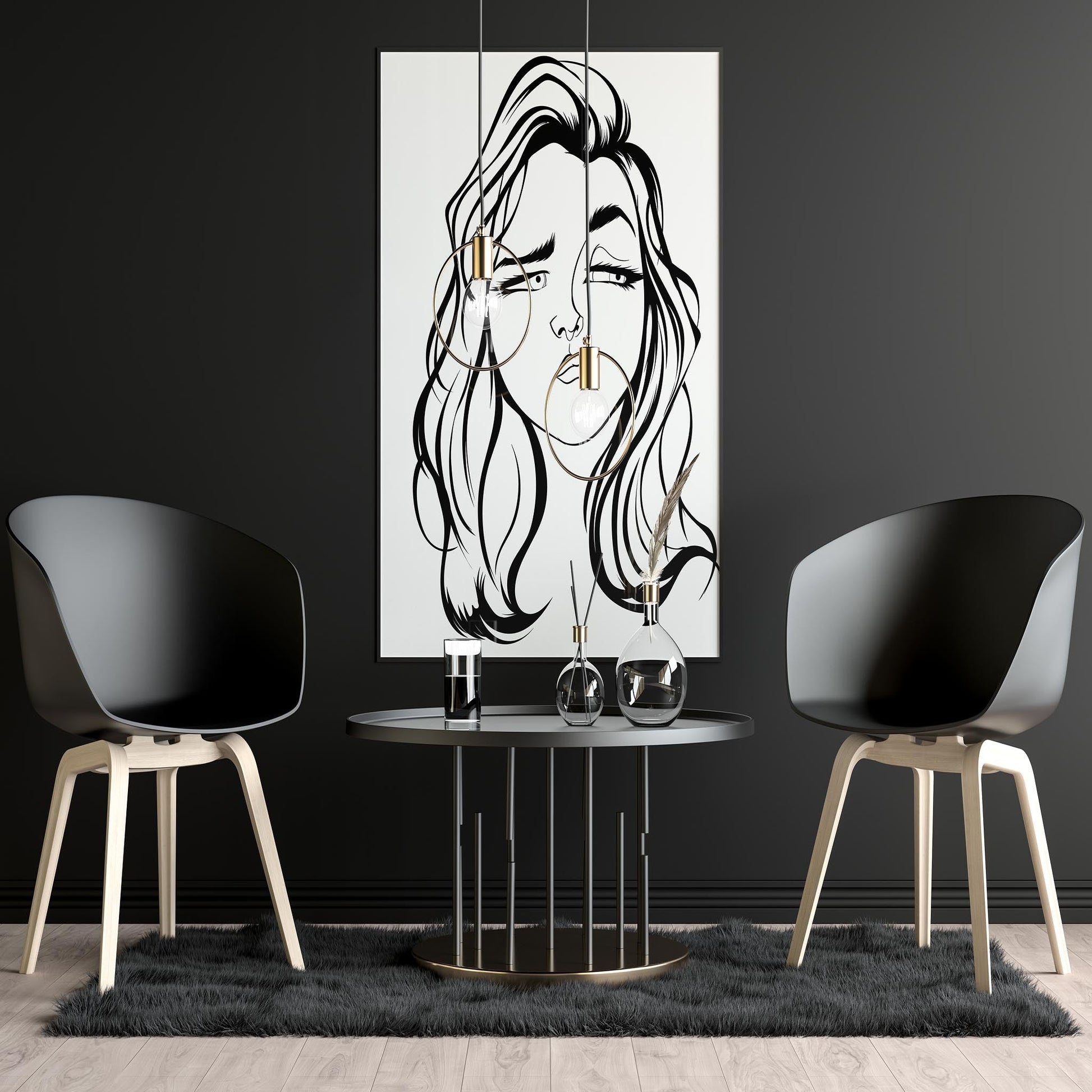 Line art of human face model 6 on stylish wall, black chairs, and modern decor.