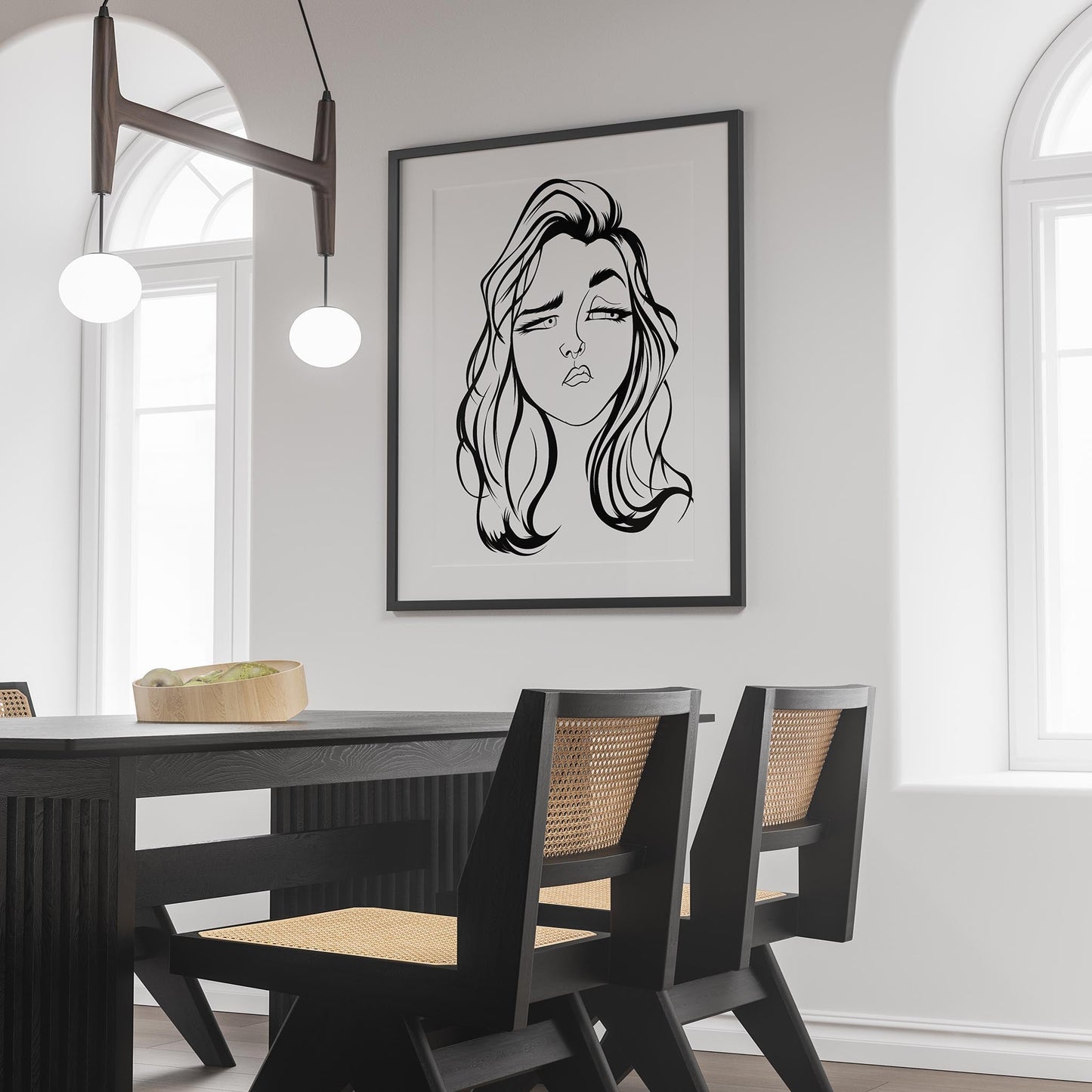 Line art portrait of a stylized human face with expressive features displayed in a modern interior setting.