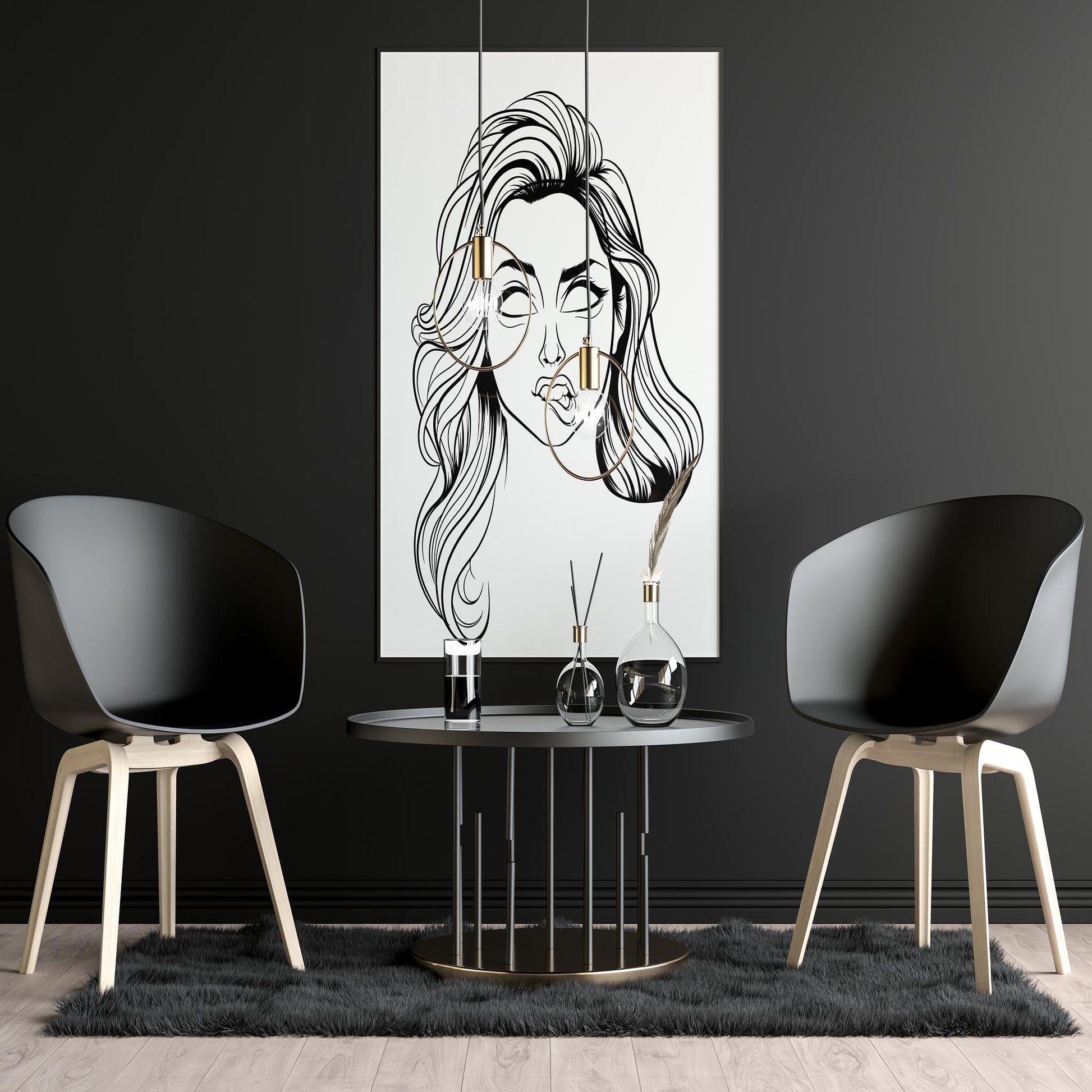 Line Art - Character & Human Faces Model 9 digital artwork on wall in modern interior.