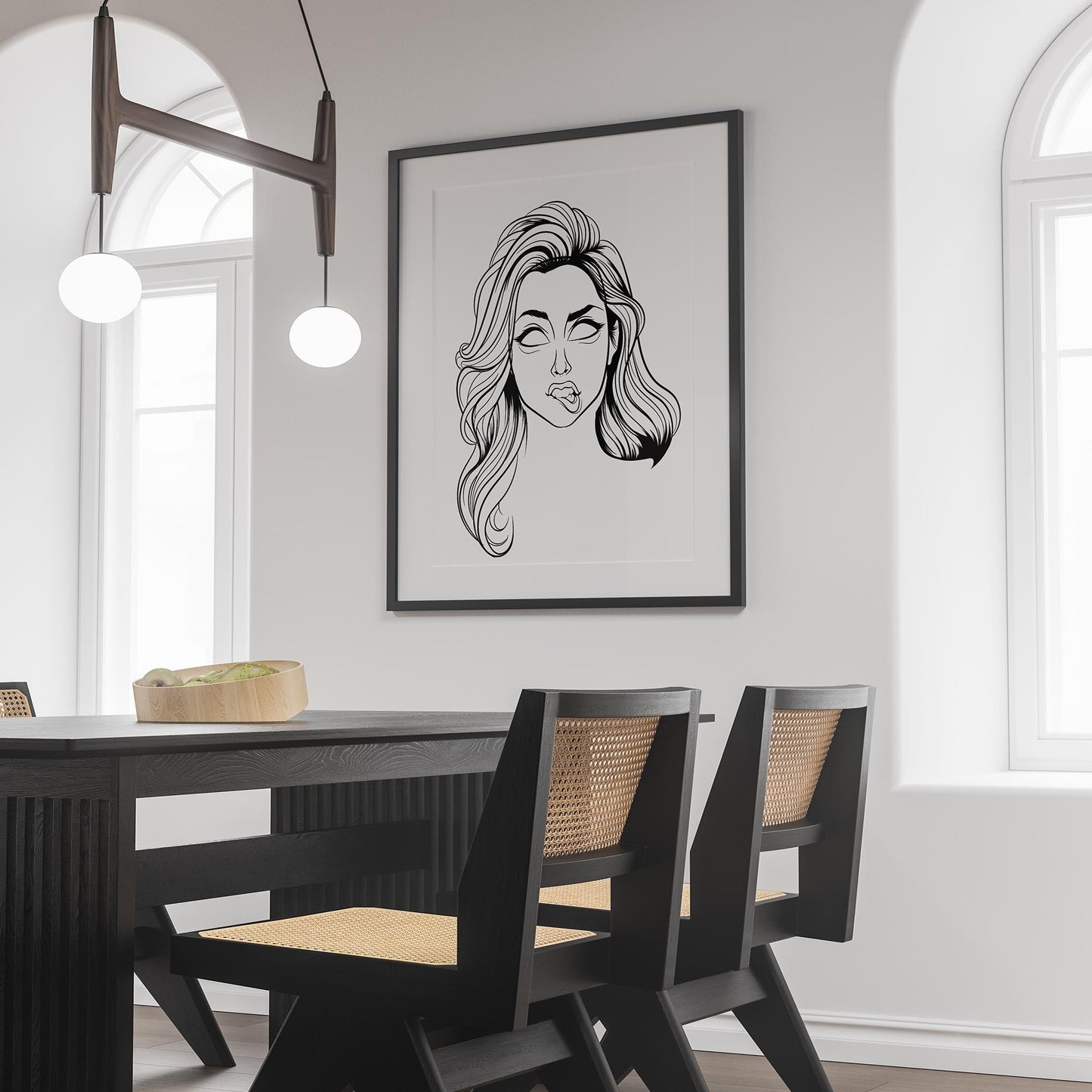 Line art of a character with bold pink hair displayed in a modern dining room.