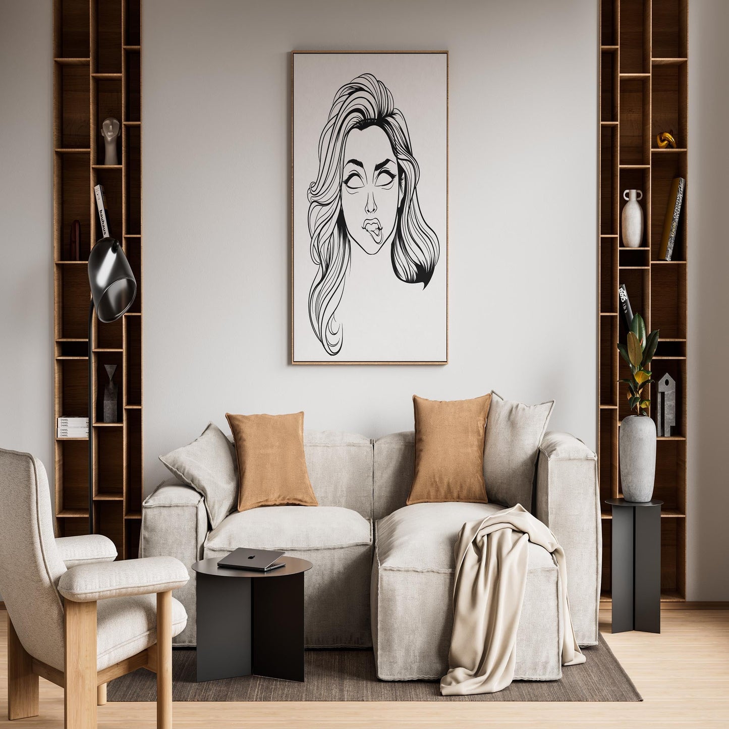 Digital illustration of a character with bold pink hair in a stylish living room setting, featuring "Line Art - Character & Human Faces Model 9."