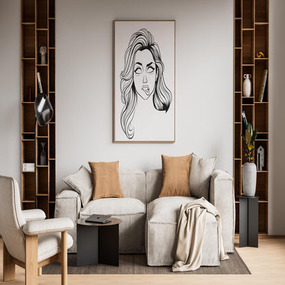 Digital illustration of a character with bold pink hair in a stylish living room setting, featuring "Line Art - Character & Human Faces Model 9."