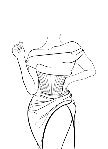 Elegant line art illustration of a figure in a flowing off-shoulder dress, emphasizing modern glamour with intricate detailing.