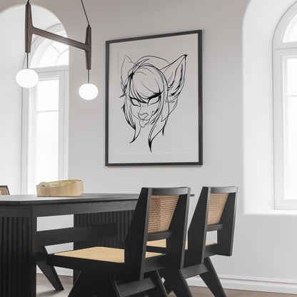 Furry line art portrait of a fox-eared character in a sleek modern dining room.