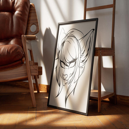 Line art of a fox-eared anime character in a frame, part of the Furries Model 10 digitalized arts collection.