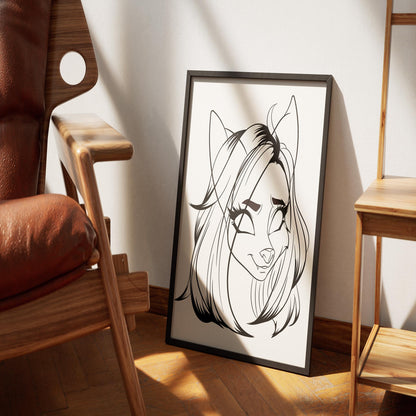 Line art of a feline character with expressive features in a framed poster, titled "Furries Model 11".